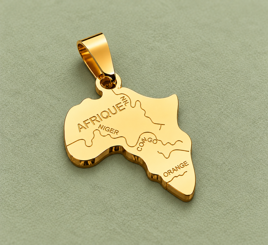 Pendentif carte Afrique – Doré sur fond vert sauge