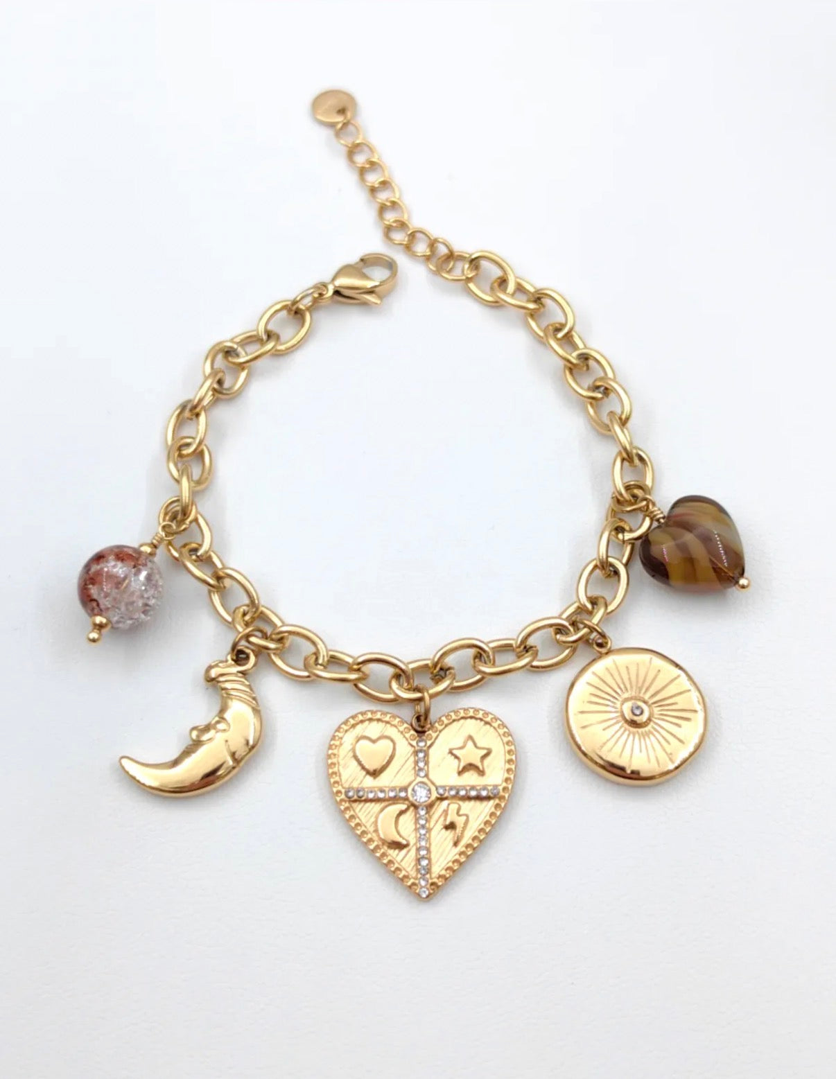 Bracelet charms coeur mystique Soleil & Lune - Chaîne dorée ajustable