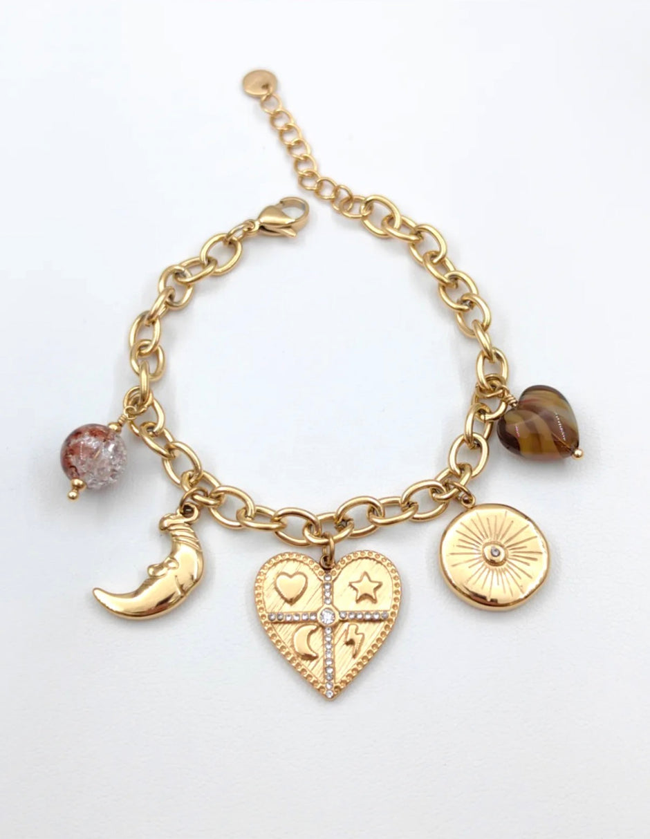 Bracelet charms coeur mystique Soleil & Lune - Chaîne dorée ajustable