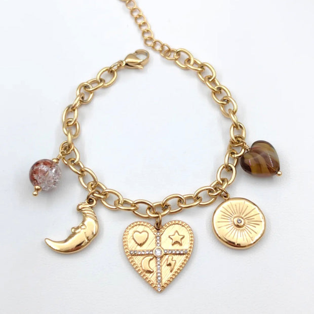 Bracelet charms coeur mystique Soleil & Lune - Chaîne dorée ajustable