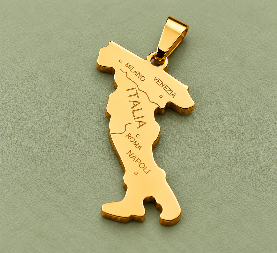 Pendentif carte Italie – Doré sur fond vert sauge