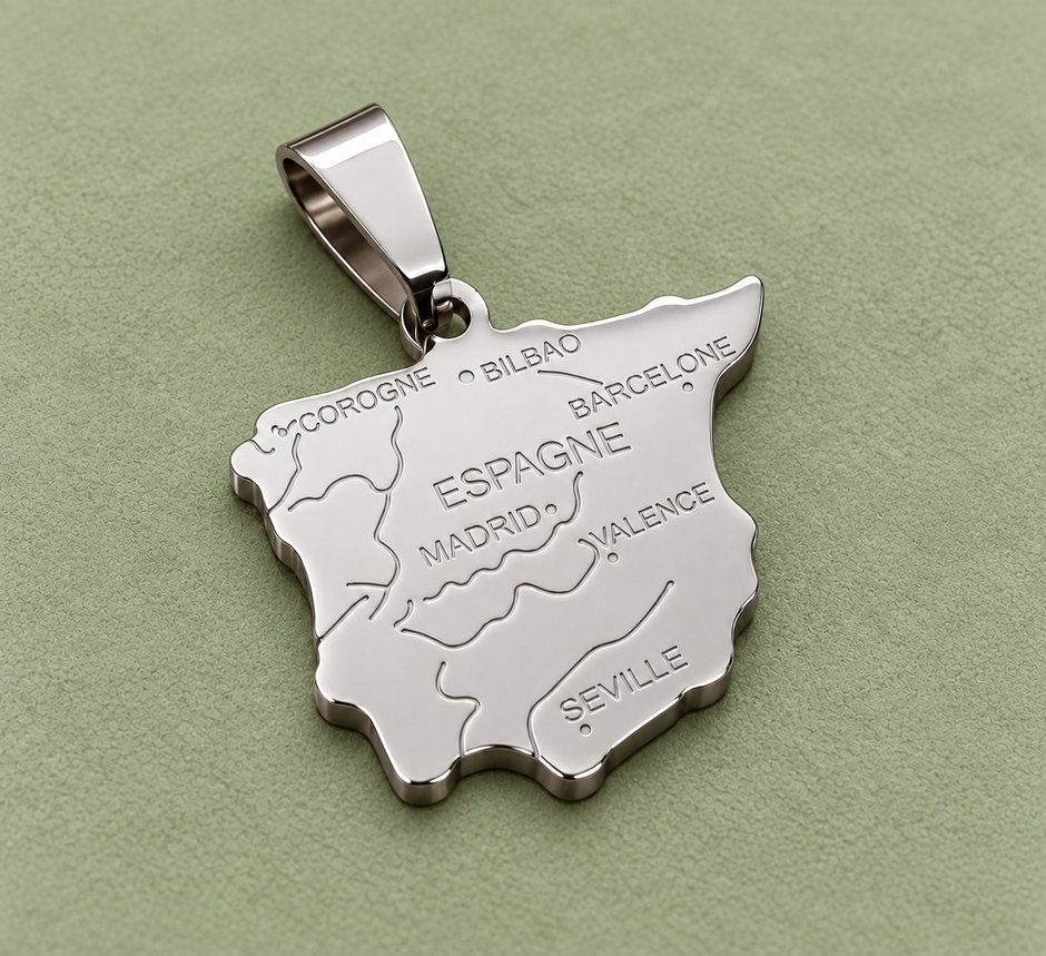 Pendentif carte Espagne – Argenté sur fond vert sauge