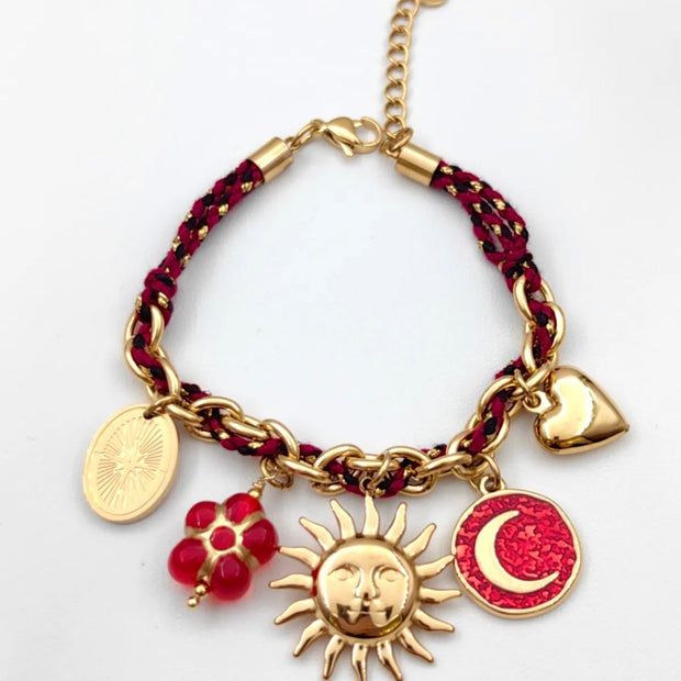 Bracelet Charms Soleil & Lune – Chaîne Dorée Tressée Ajustable