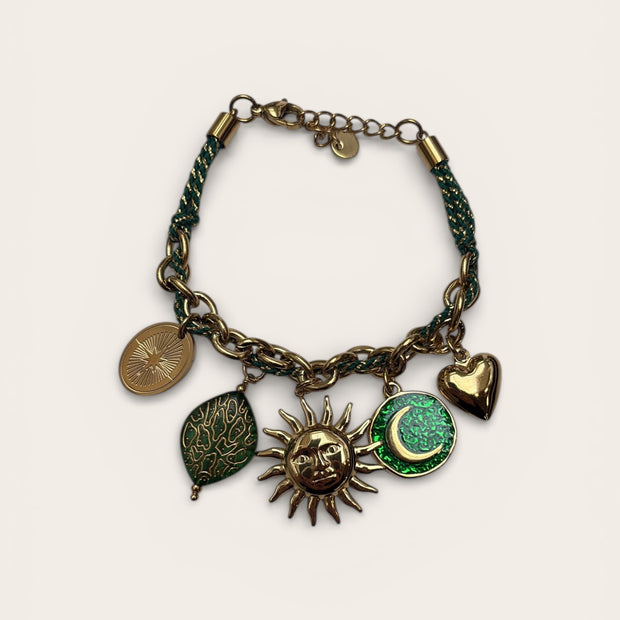Bracelet Charms Soleil & Lune – Chaîne Dorée Tressée Ajustable