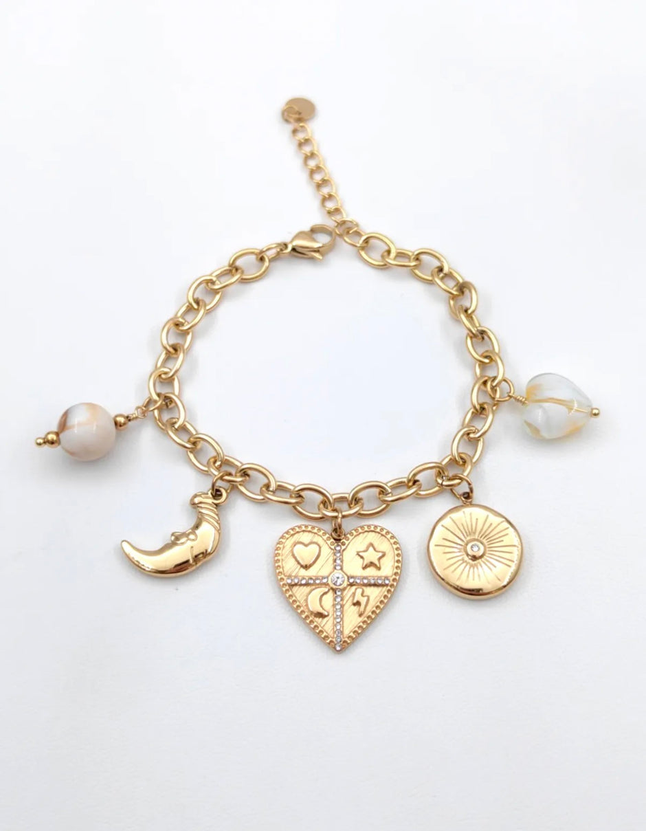 Bracelet charms coeur mystique Soleil & Lune - Chaîne dorée ajustable