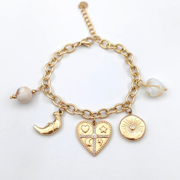 Bracelet charms coeur mystique Soleil & Lune - Chaîne dorée ajustable