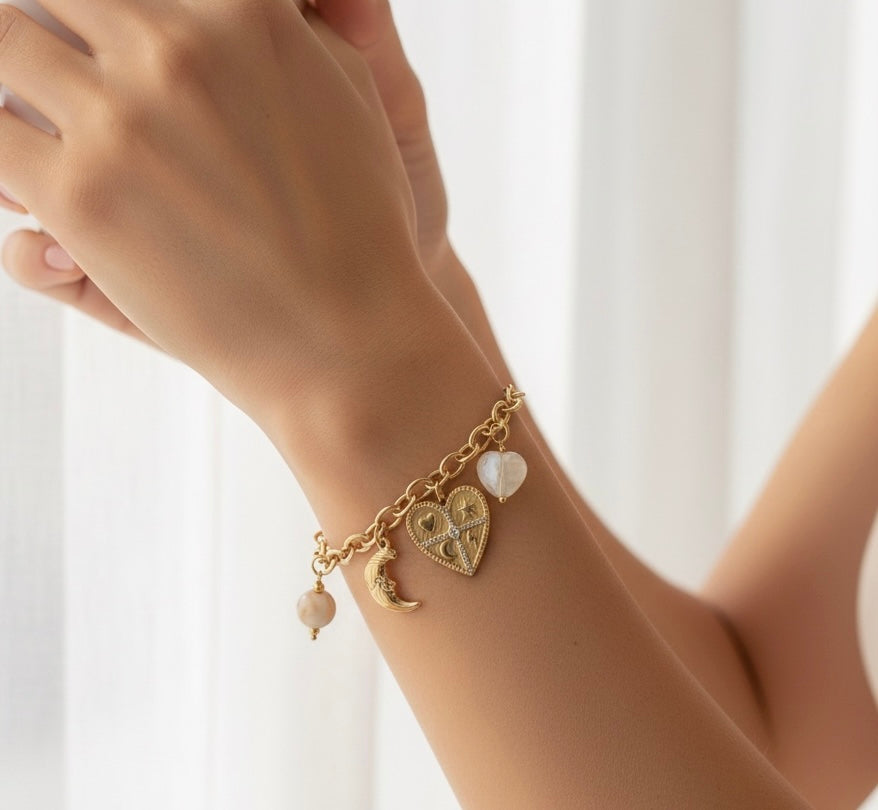 Bracelet charms coeur mystique Soleil & Lune - Chaîne dorée ajustable