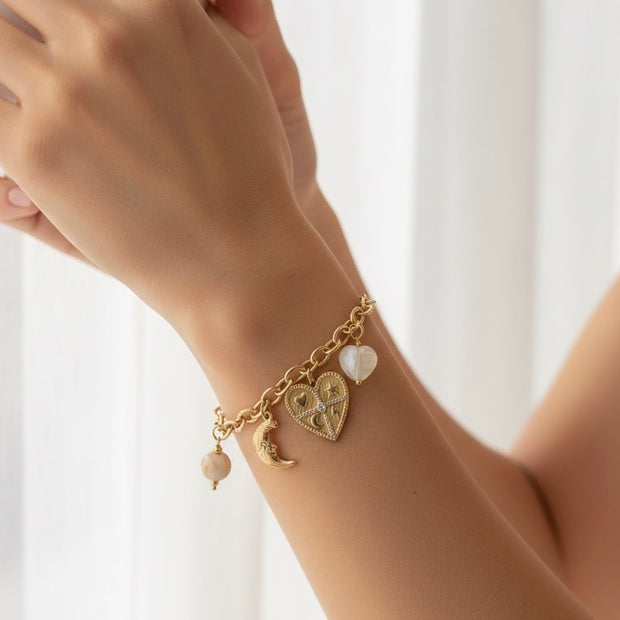 Bracelet charms coeur mystique Soleil & Lune - Chaîne dorée ajustable