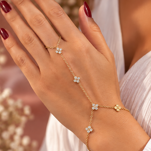 Bijou de main floral doré porté sur une femme – bague reliée au bracelet, fleurs scintillantes – Secret de Rose bijoux