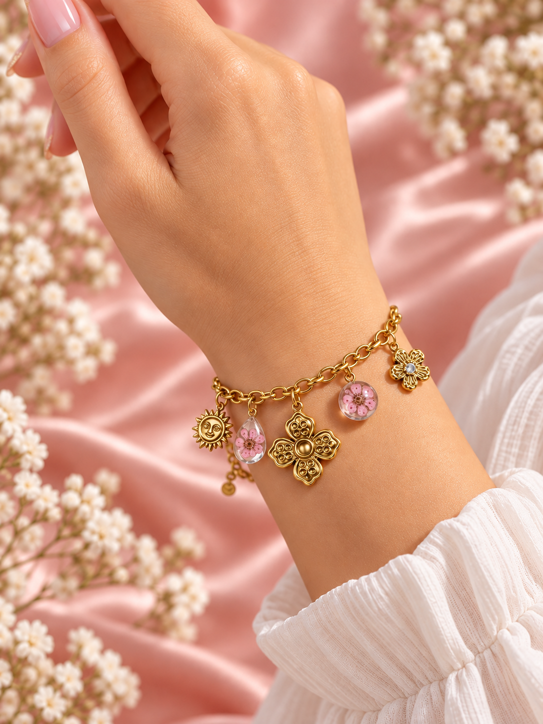 Bracelet Flora doré à fleurs roses porté au poignet sur fond rose poudré – Secret de Rose bijoux