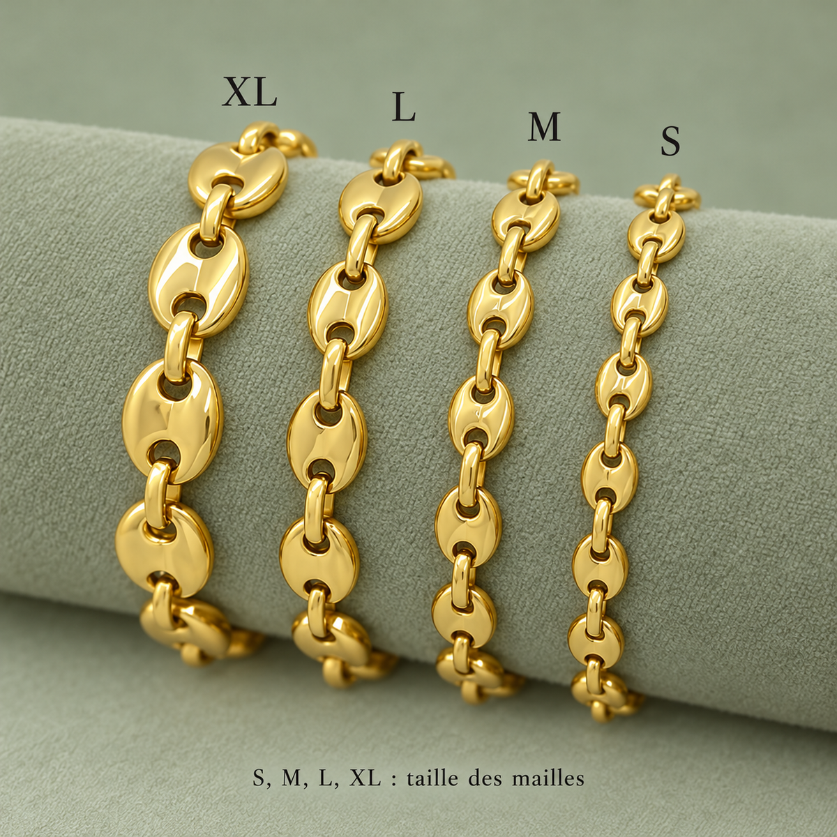 Comparatif des quatre tailles de maille du bracelet grain de café : XL, L, M et S