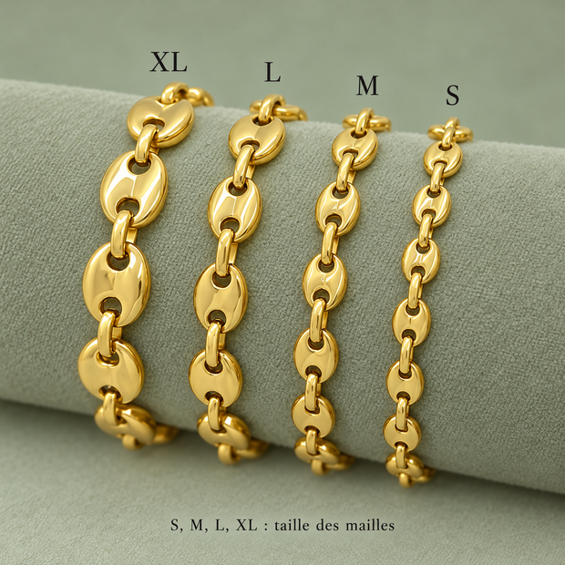 Comparatif des quatre tailles de maille du bracelet grain de café : XL, L, M et S