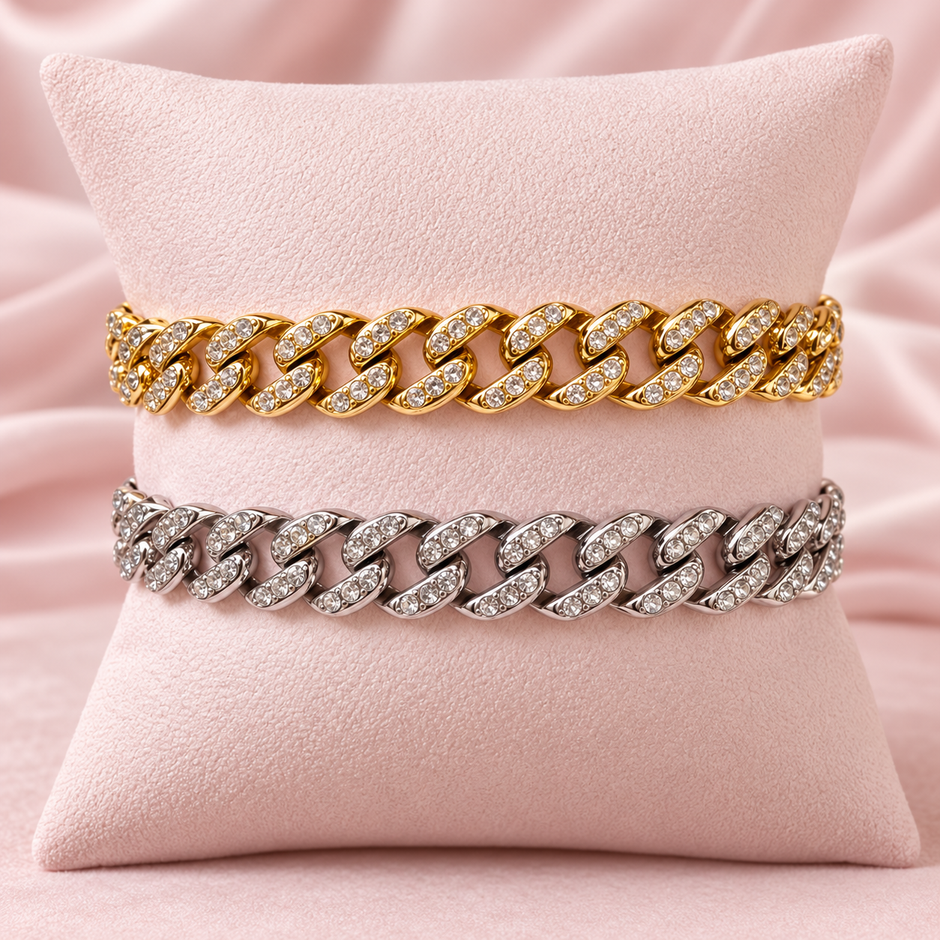 Bracelet maille gourmette à strass : comparaison des finitions dorée et argentée