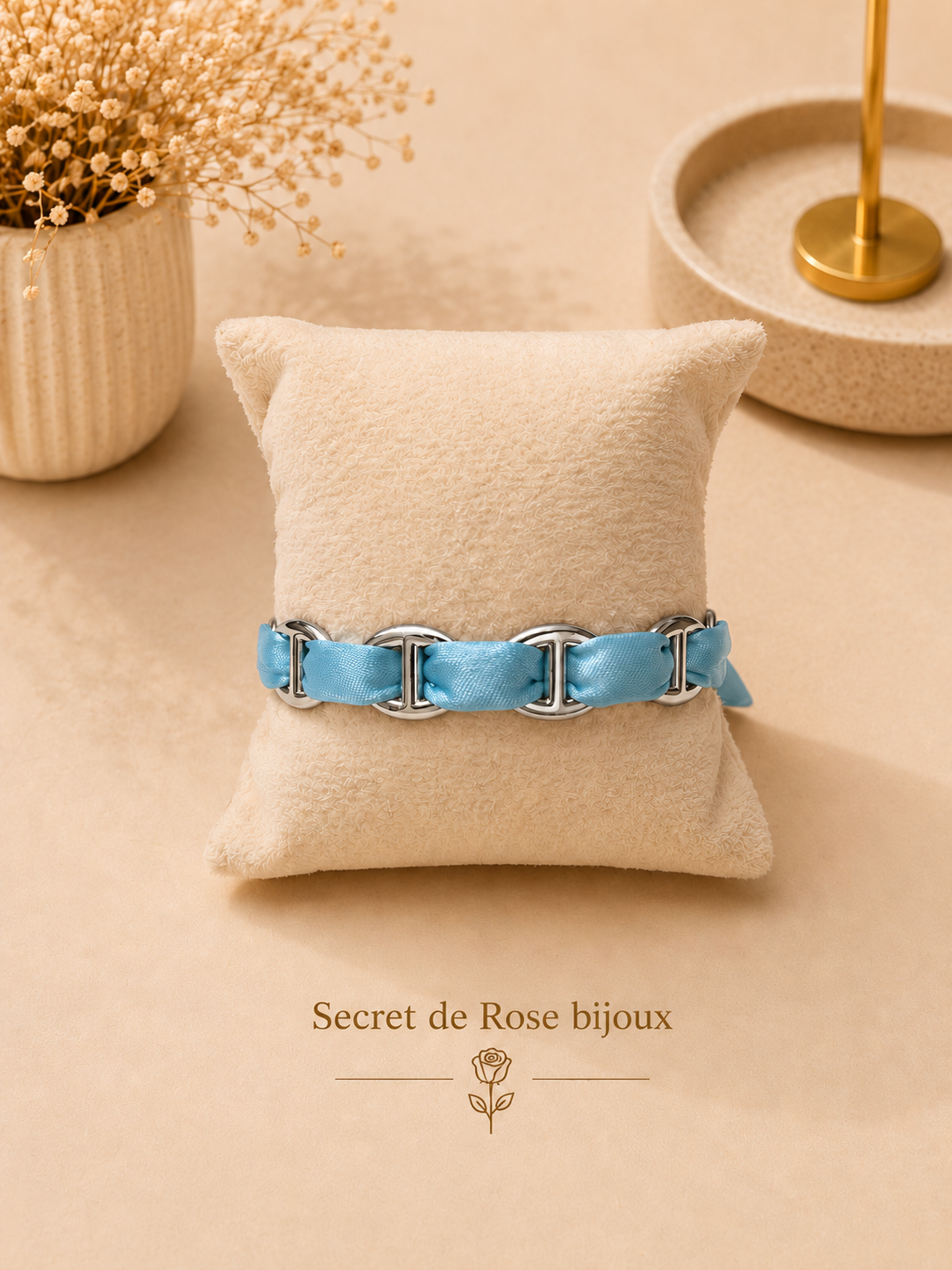 Bracelet Ruban & Maille Marine argenté — Bleu ciel