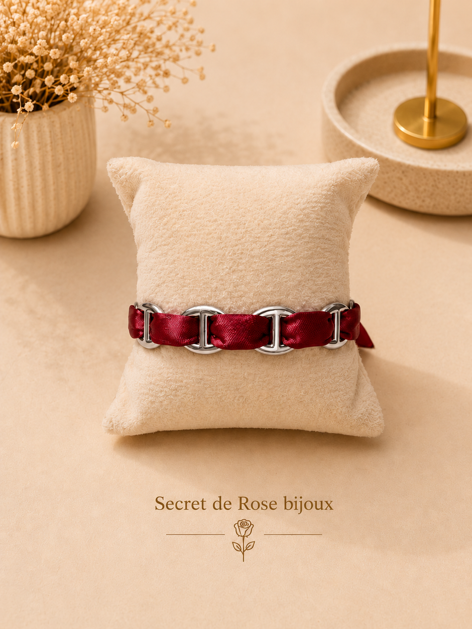 Bracelet Ruban & Maille Marine argenté — Bordeaux
