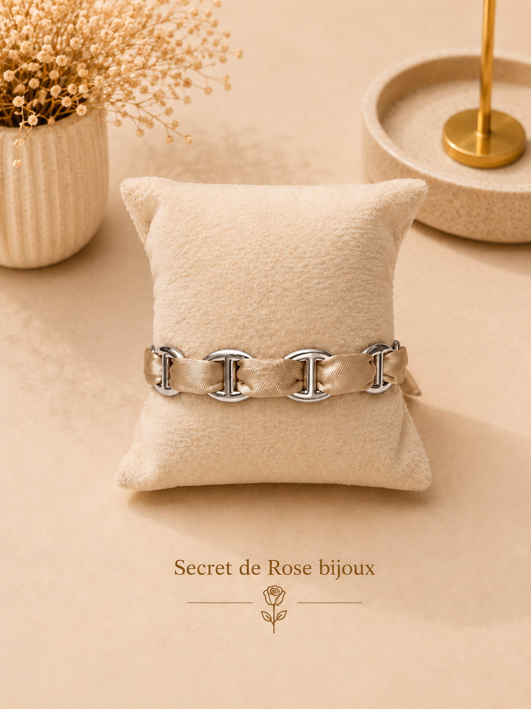 Bracelet Ruban & Maille Marine argenté — Champagne
