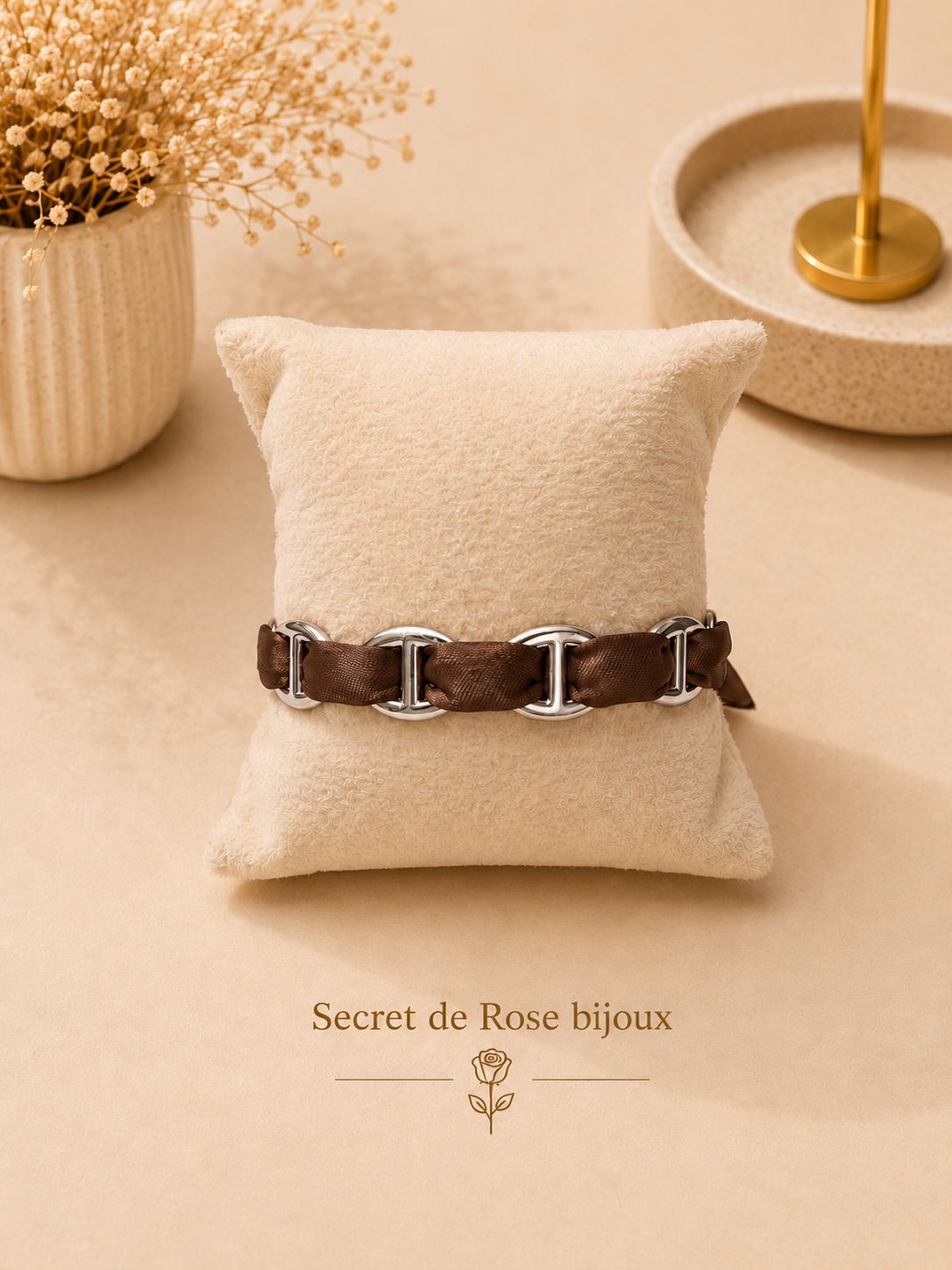 Bracelet Ruban & Maille Marine argenté — Chocolat