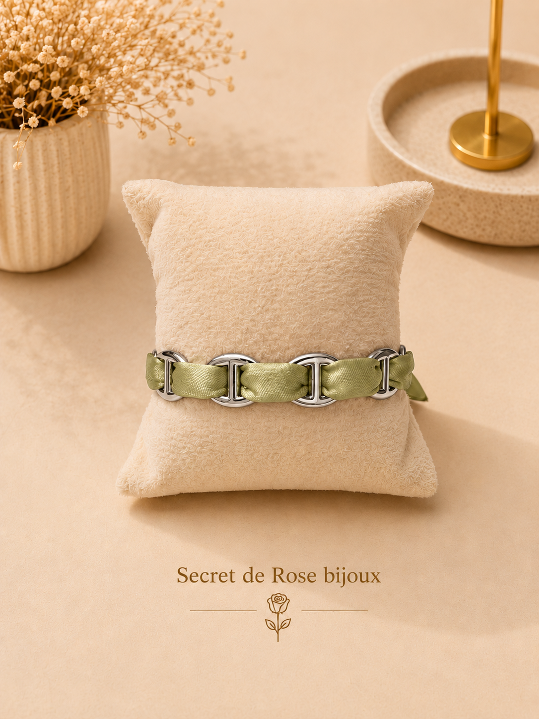 Bracelet Ruban & Maille Marine argenté — Pistache