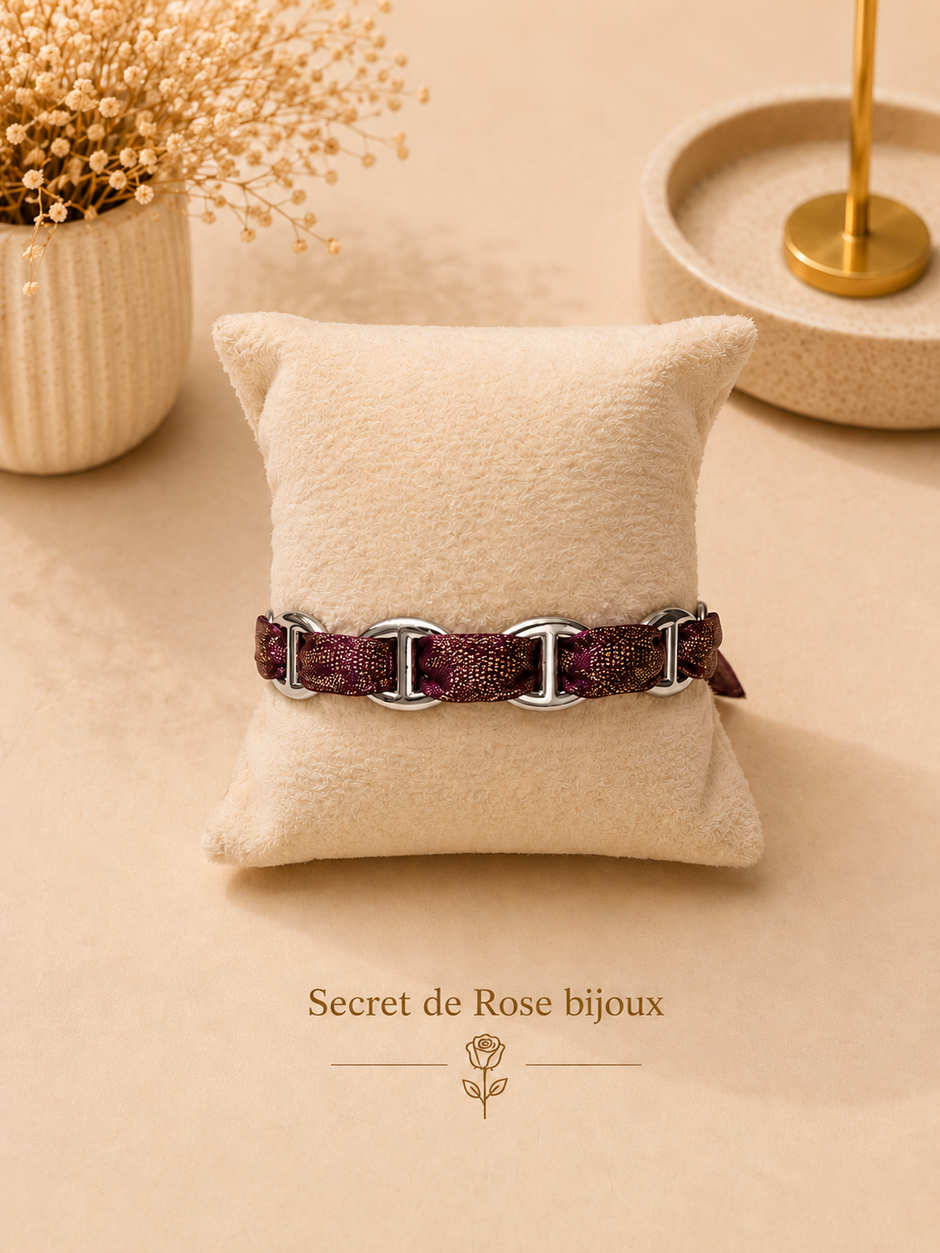 Bracelet Ruban & Maille Marine argenté — Prune scintillant