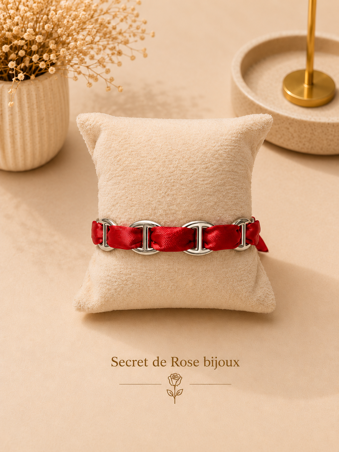 Bracelet Ruban & Maille Marine argenté — Rouge