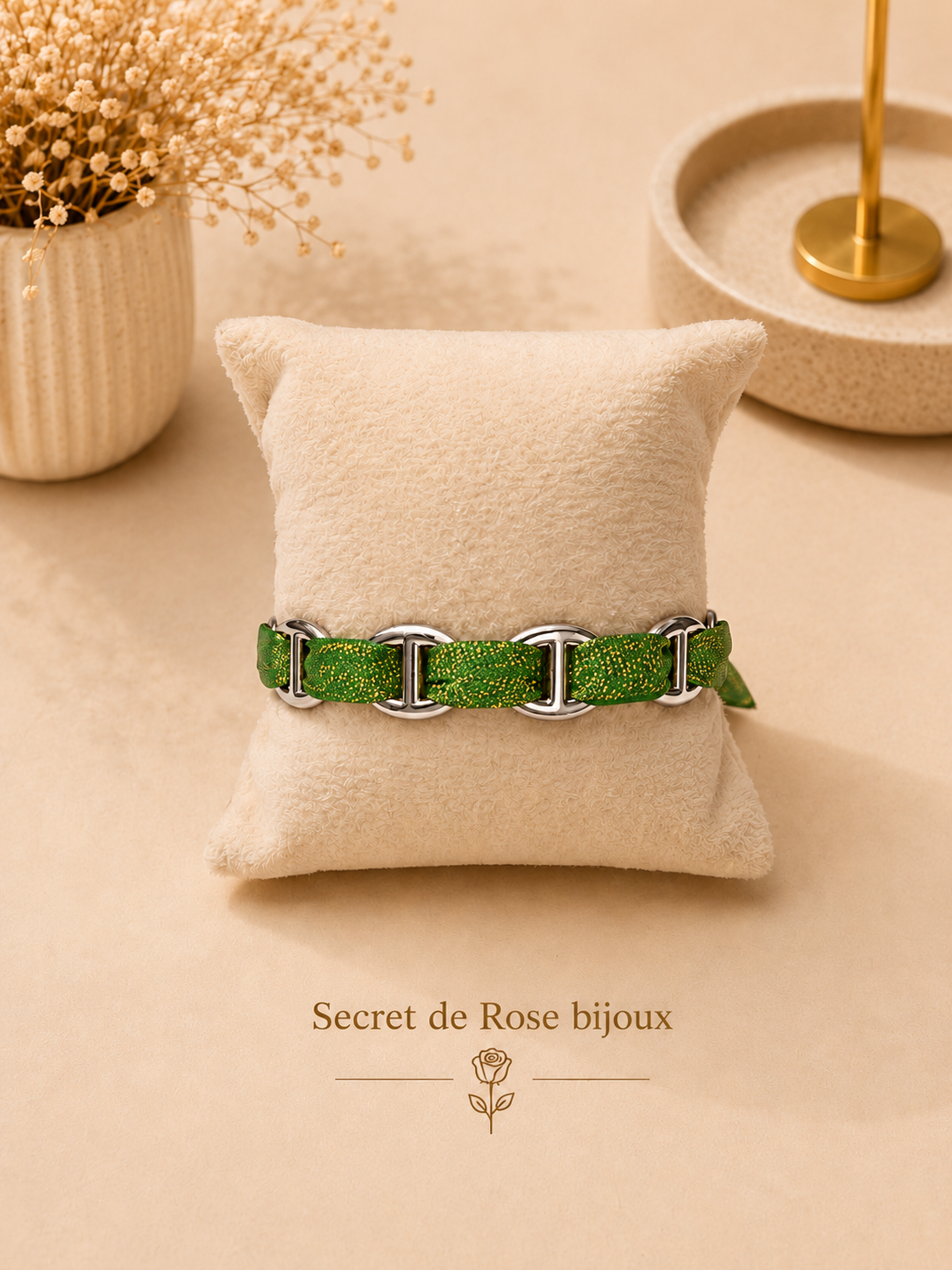 Bracelet Ruban & Maille Marine argenté — Vert scintillant