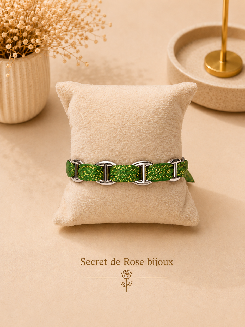 Bracelet Ruban & Maille Marine argenté — Vert scintillant
