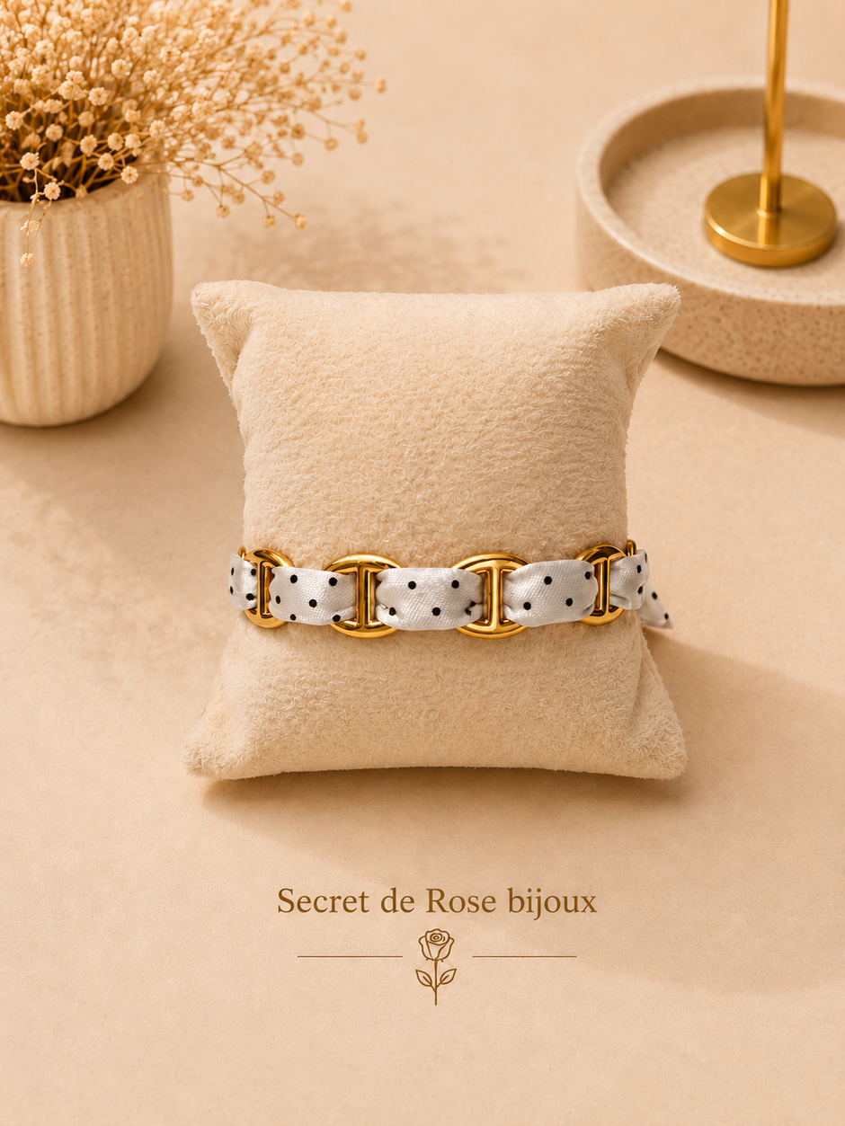 Bracelet Ruban & Maille Marine doré — Blanc à pois