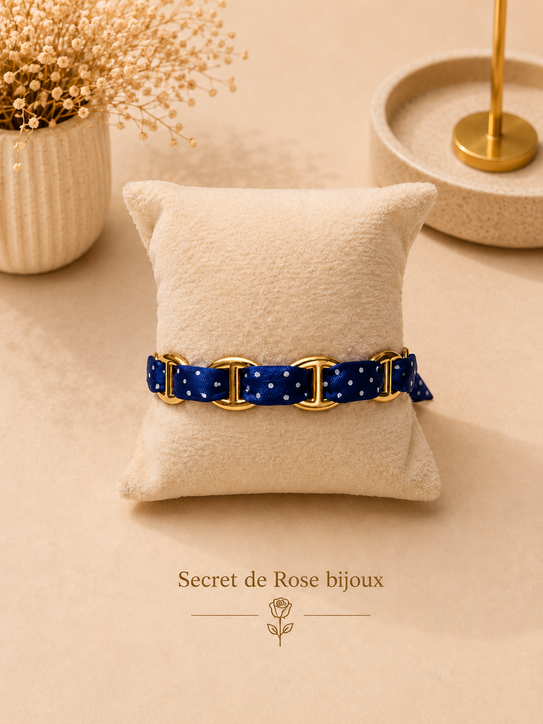 Bracelet Ruban & Maille Marine doré — Bleu marine à pois