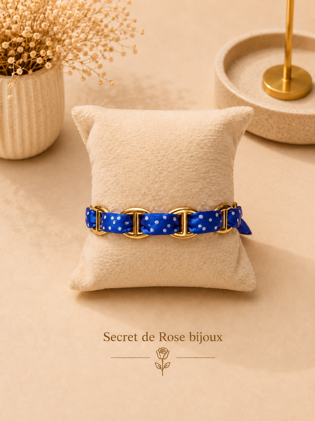 Bracelet Ruban & Maille Marine doré — Bleu roi à pois