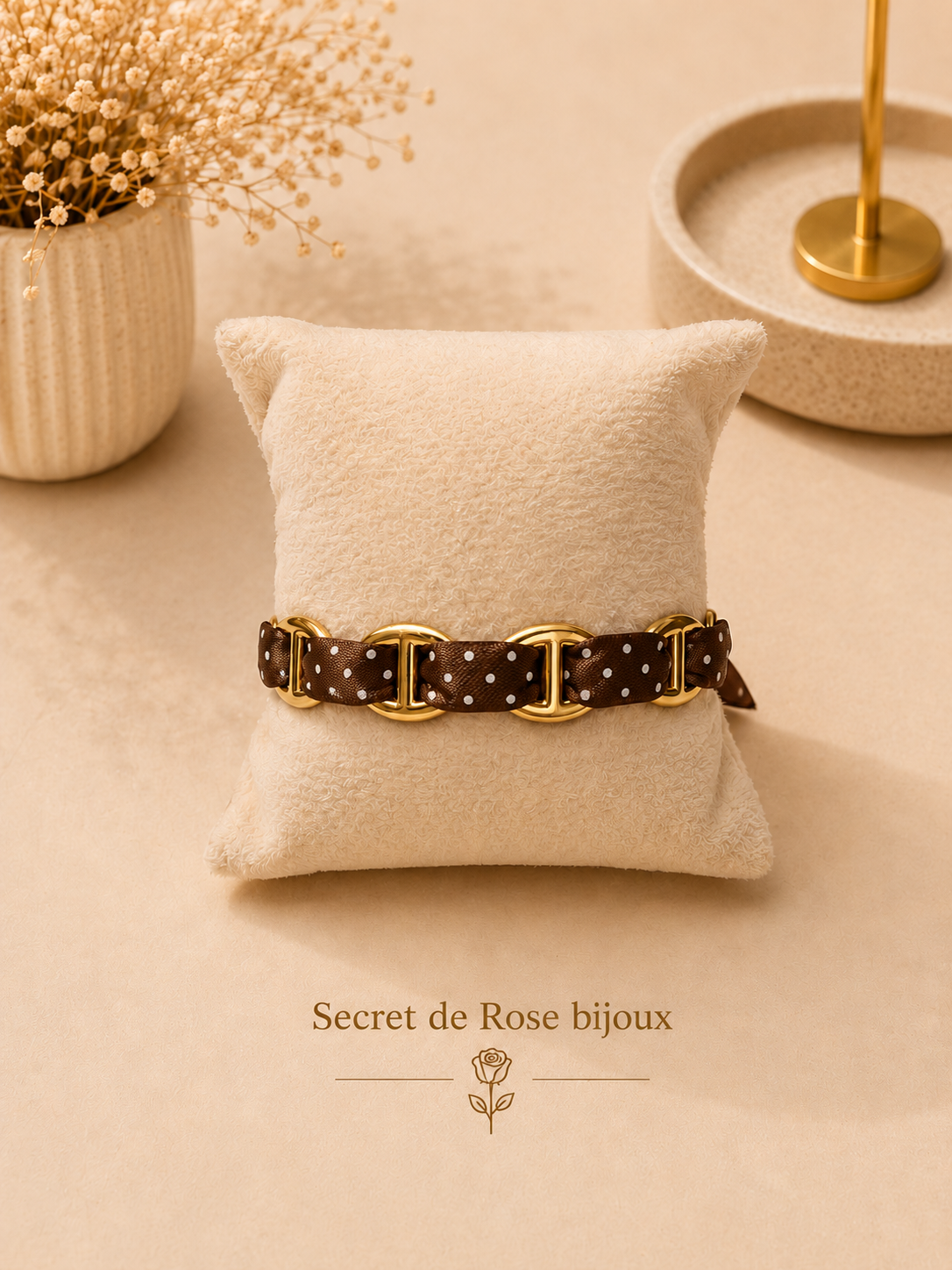 Bracelet Ruban & Maille Marine doré — Chocolat à pois