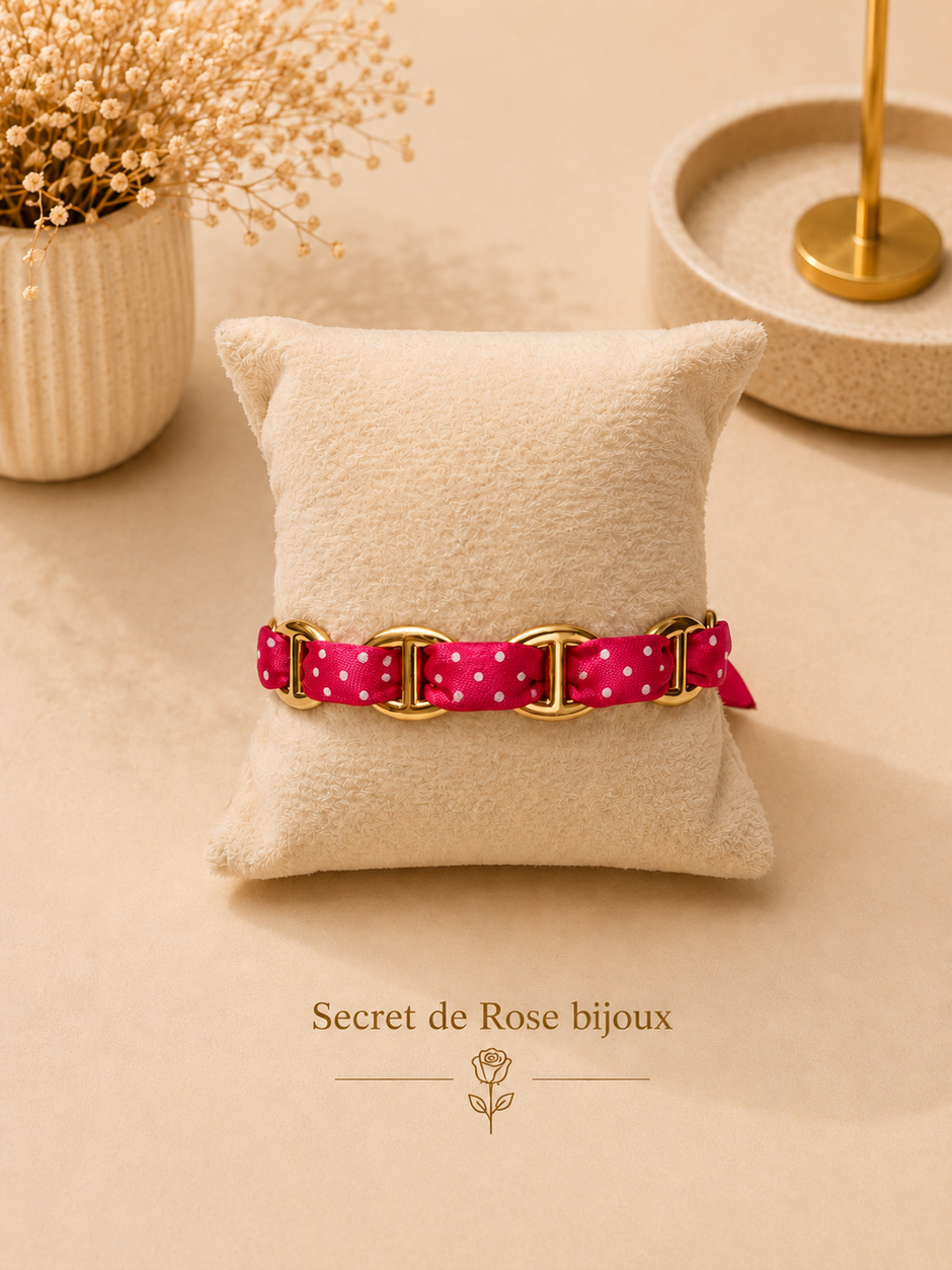 Bracelet Ruban & Maille Marine doré — Fuchsia à pois