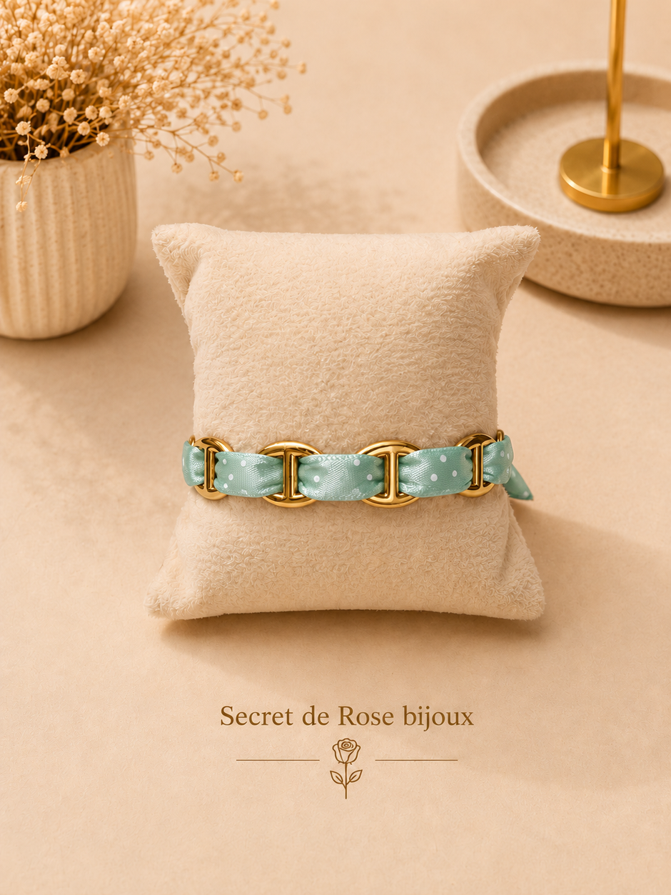 Bracelet Ruban & Maille Marine doré — Menthe à pois