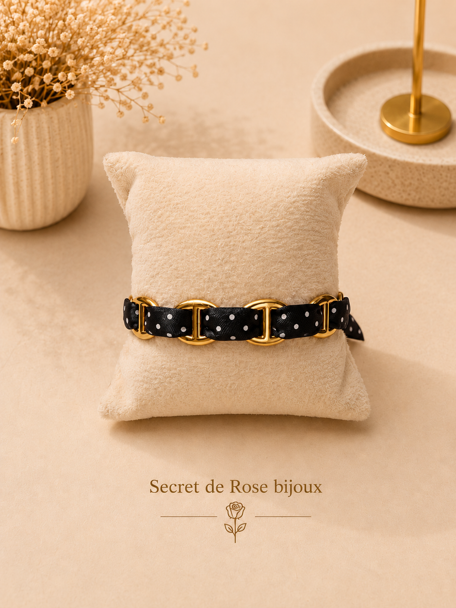 Bracelet Ruban & Maille Marine doré — Noir à pois