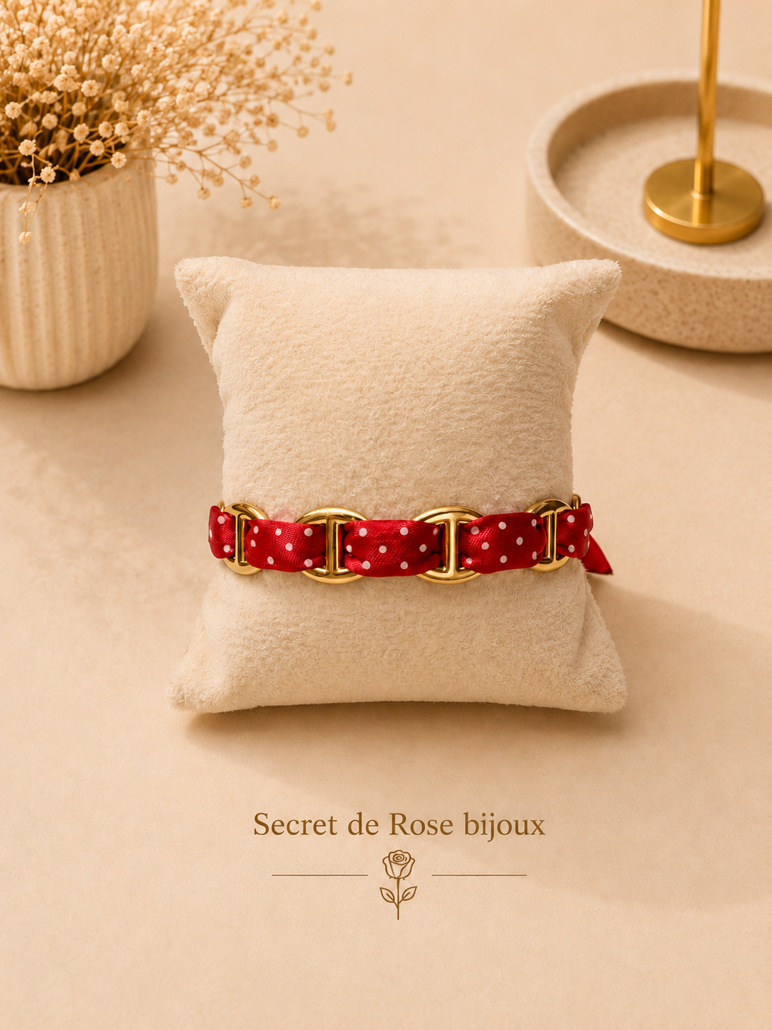 Bracelet Ruban & Maille Marine doré — Rouge à pois