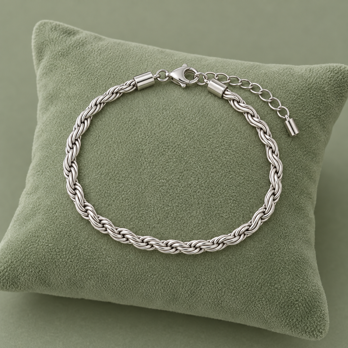 Bracelet maille tressée argenté modèle 0,6, 15 + 5 cm sur coussin vert sauge