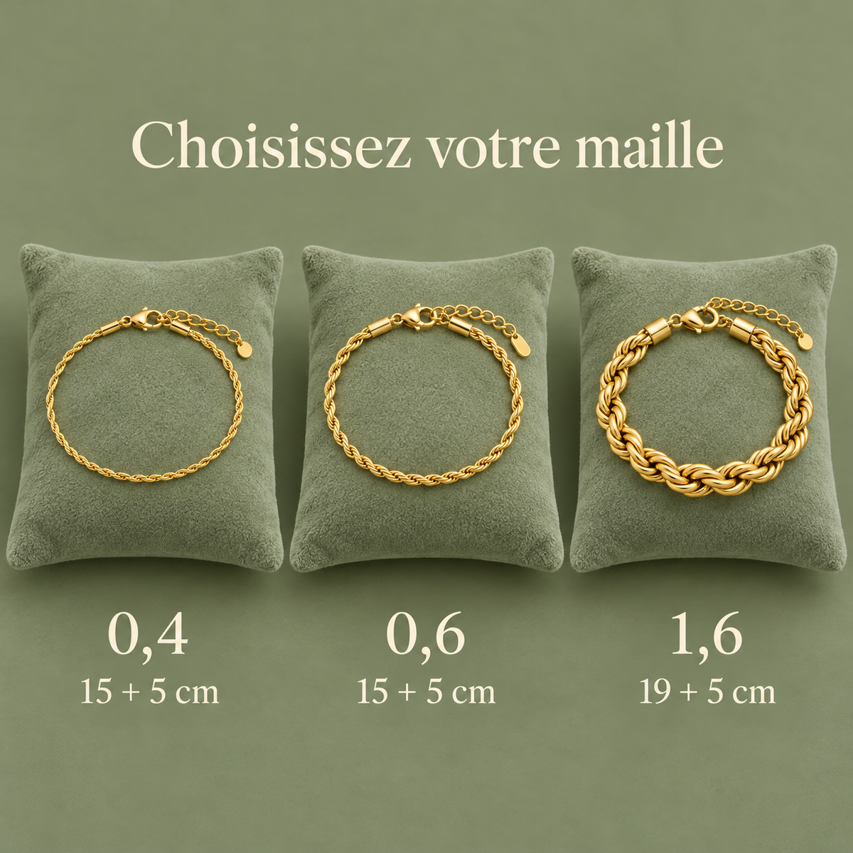 Comparatif bracelets tressés : 0,4 et 0,6 en 15 + 5 cm, 1,6 en 19 + 5 cm