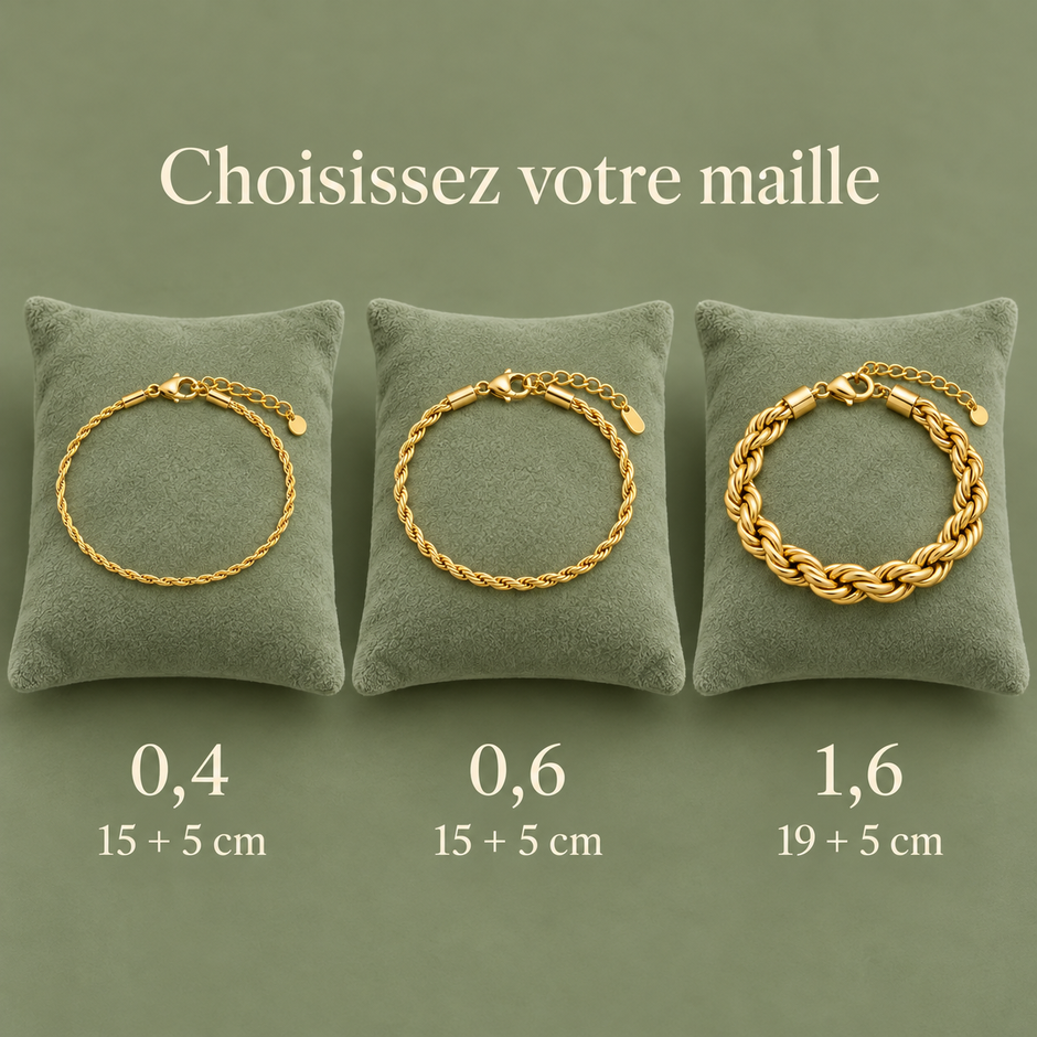 Comparatif bracelets tressés : 0,4 et 0,6 en 15 + 5 cm, 1,6 en 19 + 5 cm