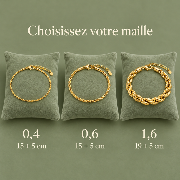Comparatif bracelets tressés : 0,4 et 0,6 en 15 + 5 cm, 1,6 en 19 + 5 cm