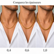 Comparaison des chaînes torsadées dorées : fine 0,4, intermédiaire 0,6 et épaisse 1,0, portées avec une chemise blanche