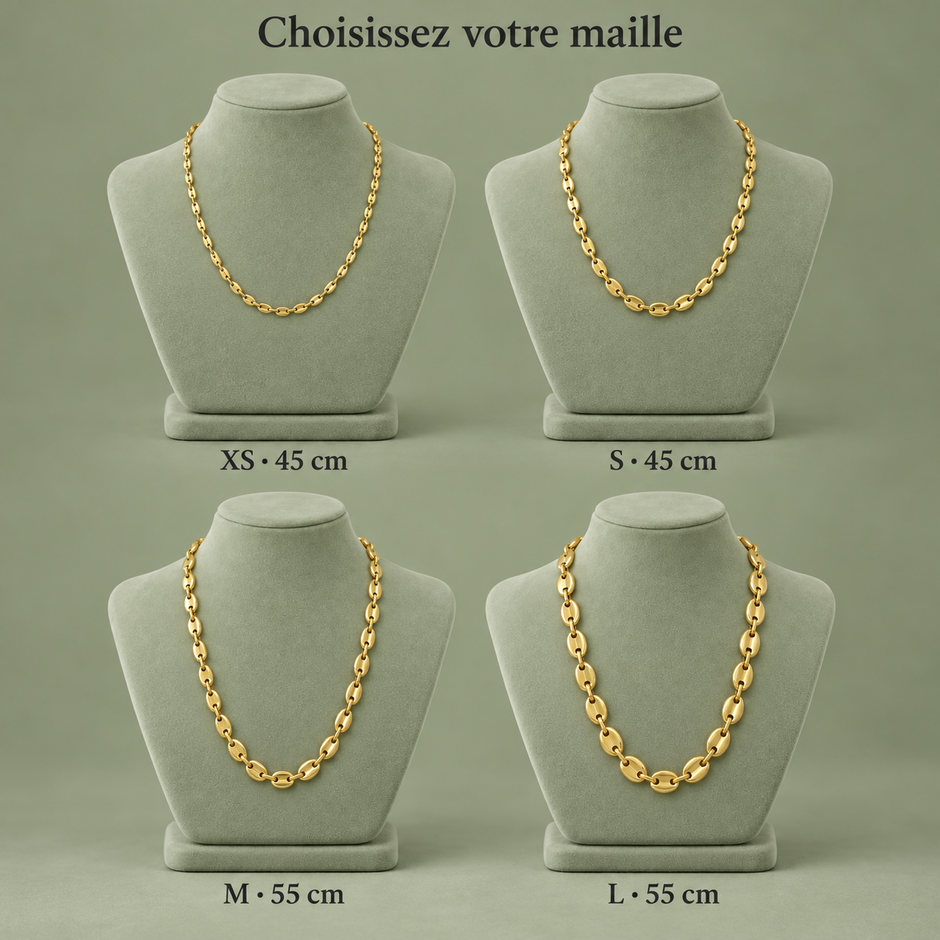 Comparatif des colliers grain de café : XS et S en 45 cm, M et L en 55 cm