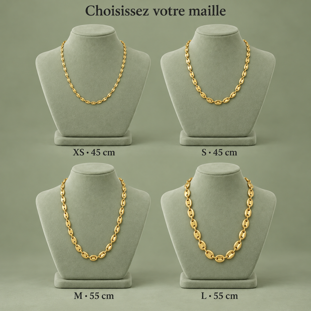 Comparatif des colliers grain de café : XS et S en 45 cm, M et L en 55 cm