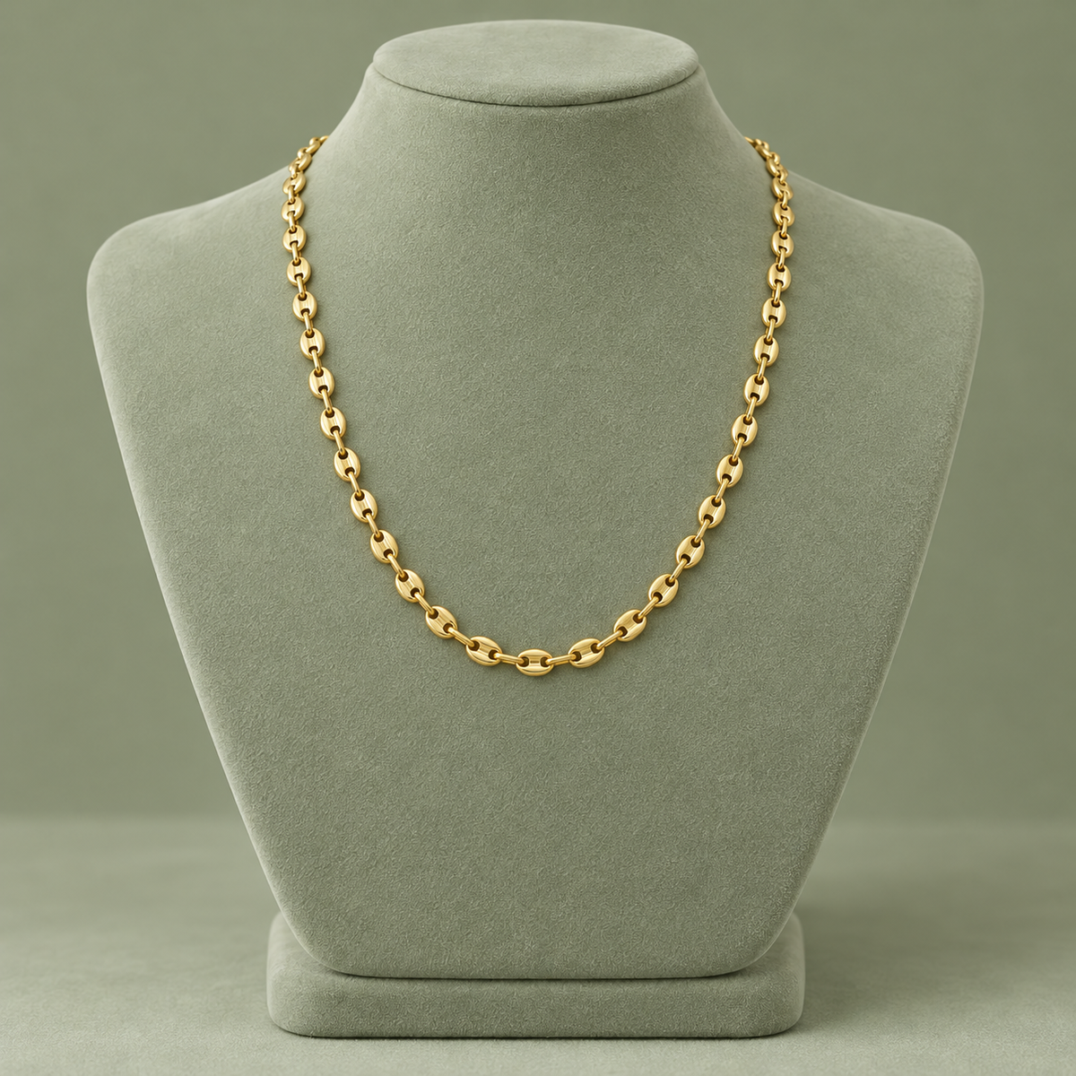 Collier grain de café doré, maille S, 45 cm, sur présentoir vert sauge
