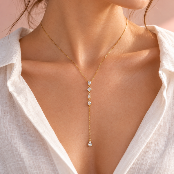 Collier Prisme en Y Doré – Transparent, porté