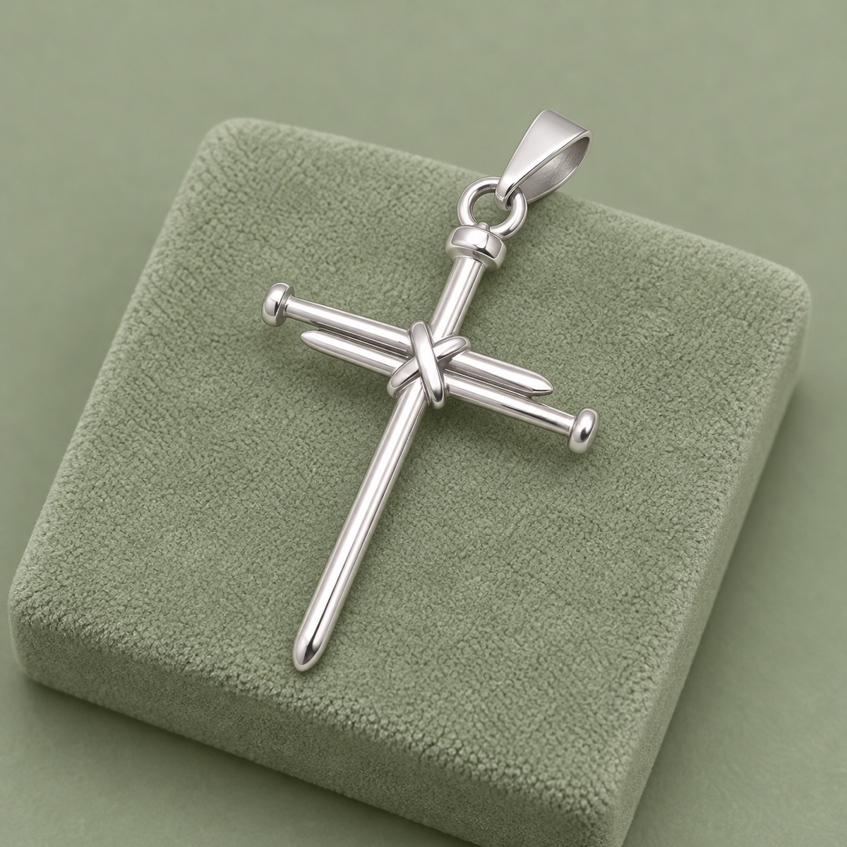 Pendentif croix 3 clous en acier argenté sur support vert sauge